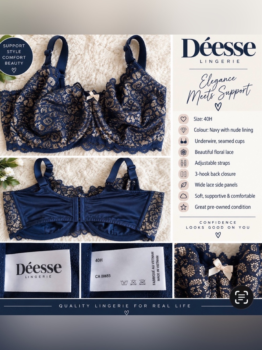 Addition Elle Navy Bra with Gold Lace Overlay